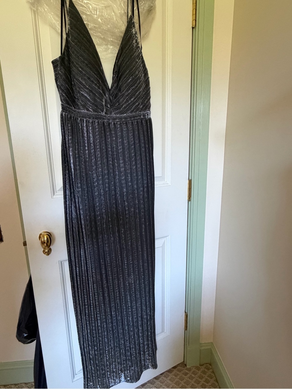 Laundry By Shelli Segal Gunmetal Plisse V-Neck Maxi Dress